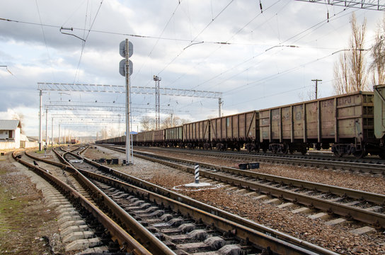 View on a railroad track and cargo train