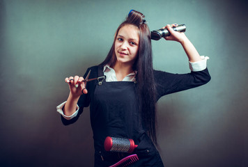 Girl with scissors making crazy funny face