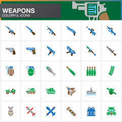 Weapons vector icons set, Arms solid symbol collection, filled pictogram pack isolated on white. Signs, colorful logo illustration
