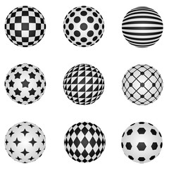 Black and white 3D patterned sphere vector design elements.
