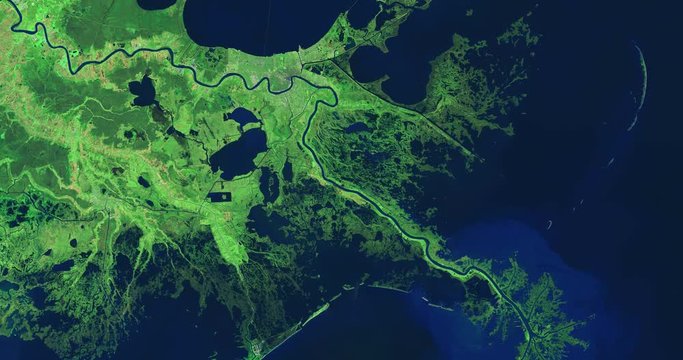 High-altitude overflight aerial of lower Mississippi River and deltas, Louisiana (infrared/green light enhanced). Clip loops and is reversible. Elements of this image furnished by USGS/NASA Landsat