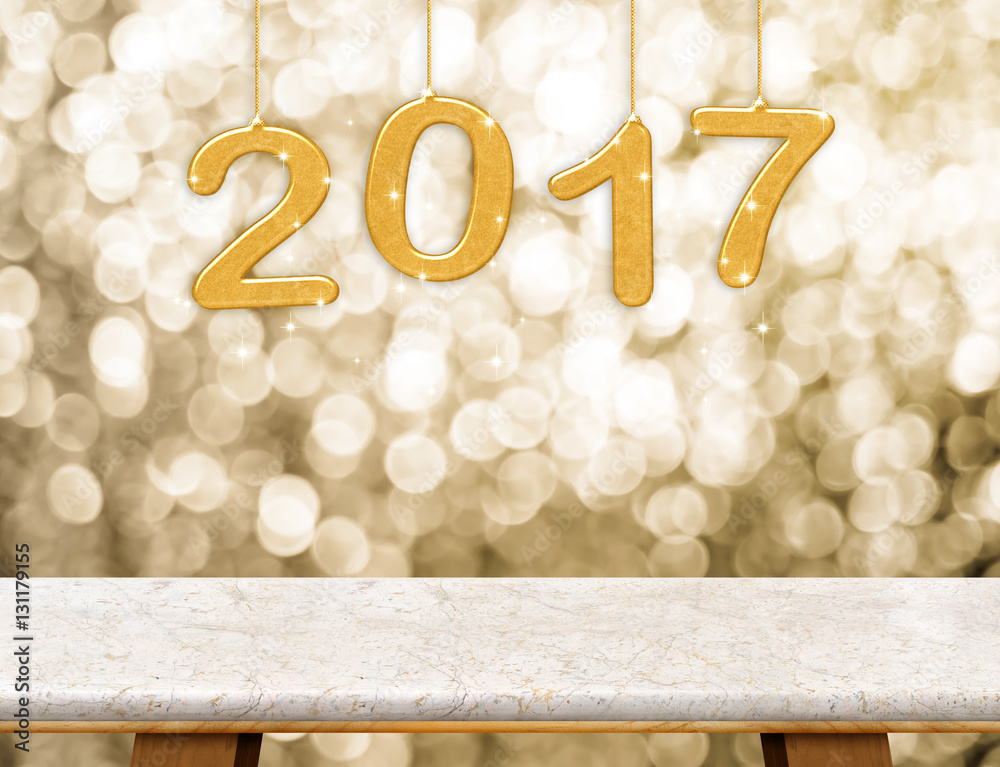 Poster 2017 (3d rendering)  new year hanging over marble table top with