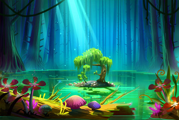 A Little Island in the Middle of the Lake inside the Deep Forest. Video Game's Digital CG Artwork, Concept Illustration, Realistic Cartoon Style Background
