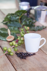 Fresh coffee beans on wood and coffee cup