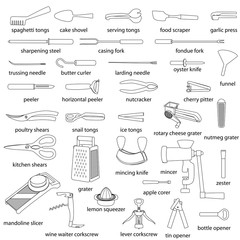 Kitchen utensils illustrations set. Cooking, dinner service, with names. White flat outlined images of kitchenware. Isolated design elements, white background. Vector.