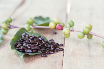 Fresh coffee beans on wood