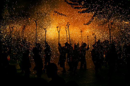 Group of people at Correfoc firerun, Catalonia, Spain