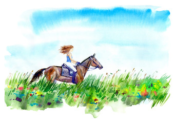 Girl riding a horse on the field.Summer landscape.Watercolor hand drawn illustration.White background. © jula_lily