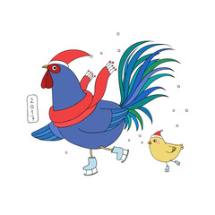 Rooster and chicken on skates.
