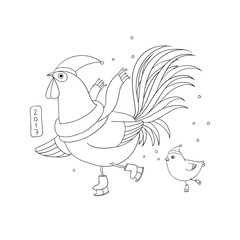 Rooster and chicken on skates.