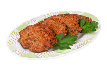 fried liver cutlets or pancakes on a plate isolated  white background