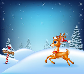 Cartoon Christmas deer running in winter time