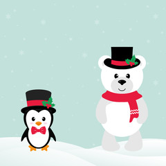cute penguin with snow and winter teddy 