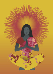 Beautiful indian girl doing meditation in front of mandala