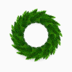 Fresh green blank Christmas wreath on white background