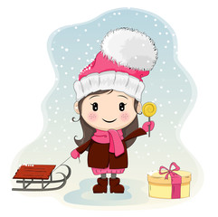Cute little girl with sled standing near gift-box and eating candy. Pretty girl in winter clothes, hat with big pompon. Vector illustration. Usable as a print or poster. EPS10