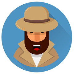 Private detective in light brown hat and coat. Geometric bearded character. Vector illustration. Design element. EPS10