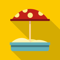 Sandbox with red dotted umbrella icon. Flat illustration of sandbox with red dotted umbrella vector icon for web isolated on yellow background