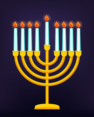 Happy Hanukkah, Jewish holiday. Golden menorah with burning candles. Vector illustration.