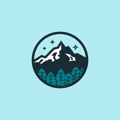 Flat vector colored logo of lone mountain. Hexagon badge.