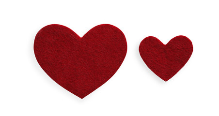Red felt hearts isolated on white background, valentine day