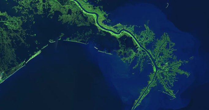 High-altitude overflight aerial of lower Mississippi River and deltas, Louisiana (infrared/green light enhanced). Clip loops and is reversible. Elements of this image furnished by USGS/NASA Landsat