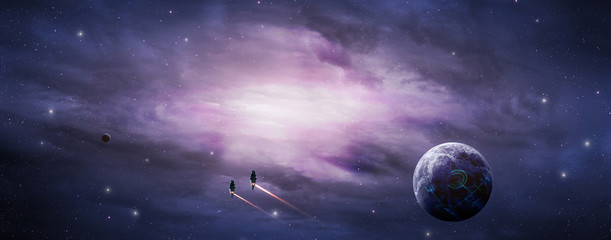 Space background. Violet nebula with planet and two space ship. Elements furnished by NASA. 3D rendering