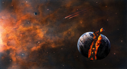 Space background. Cracked planet in orange nebula with spaceship. Elements furnished by NASA. 3D rendering
