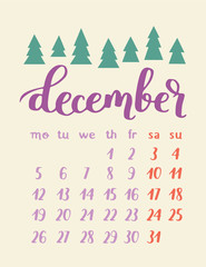 cute raster calendar for december. purple font with trees.