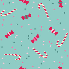 Seamless  pattern with sweets and candies. Christmas template on blue background.