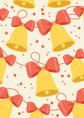 Winter poster with jingle bells. Red bows and ribbons.