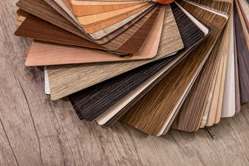 many thin wooden samples for interior design