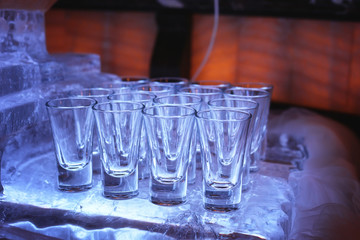 Glass wine glasses on the table served in the restaurant