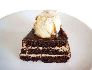 Chocolate cake with ice cream isolated on white background
