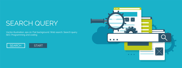 Vector illustration. Flat background. Coding, programming. SEO. Search engine optimization. App development, creation. Software, program code. Web design.