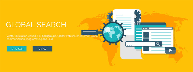 Vector illustration. Flat background. Coding, programming. SEO. Search engine optimization. App development, creation. Software, program code. Web design.