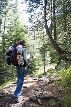 femme avec un sac à dos qui fait de la randonnée dans les bois en montagne