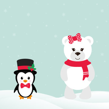 cute penguin with snow and winter bear 