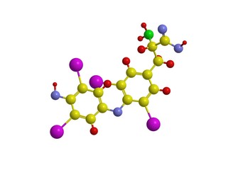 Molecular structure of thyroxine, 3D rendering