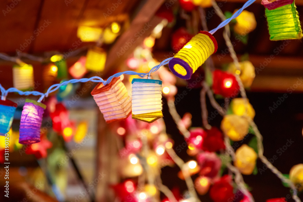 Wall mural decorative fairy lights on display at southbank centre winter market in london