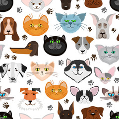 Dog and cat seamless pattern. Pets animals vector background