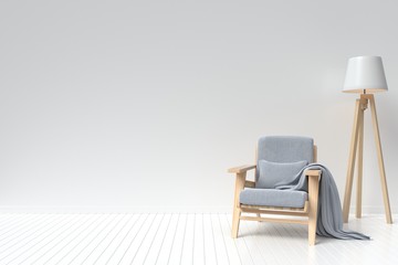 The interior has a sofa fabric and lamp on empty white wall background,3D rendering