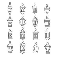 Ramadan vintage lantern linear icons. Vector muslim antique lamp symbols