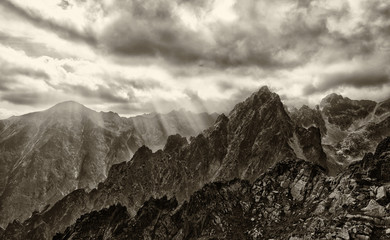 Peak in High tatras mountains. Dark cloudscape - obrazy, fototapety, plakaty