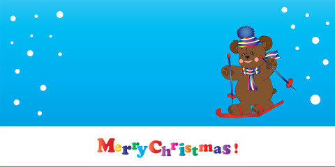 Merry Christmas banner bear on skis vector
