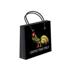 Gift paper bag black bright colorful rooster symbol of New Year isolated white background vector advertising banner