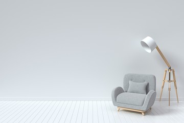 The interior has a sofa and Modern Lighting on empty white wall background,3D rendering
