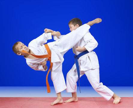 Sportsmen are training blows karate on the mats