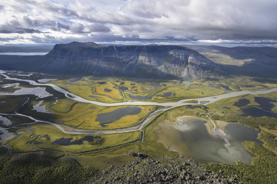Brilliant view from Skierfe on rapadalen river valley table moun