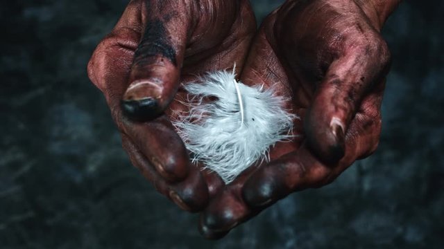 4k Technical Composition of Dirty Mechanic Hands Holding Feather
